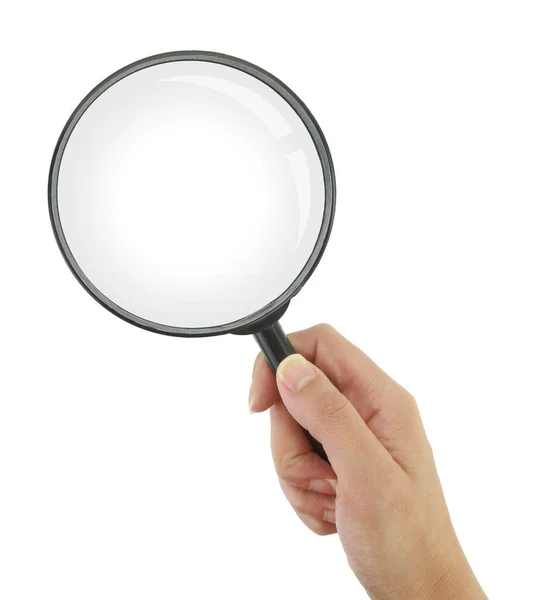 Female Hand Holding Magnifying Glass Isolated White Transparent Background Top — Stock Photo, Image