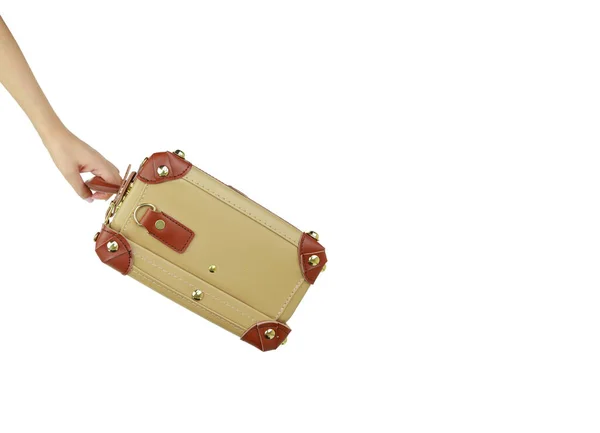 Travel Concept Female Hand Holding Old Fashioned Suitcase Isolated White Stock Image