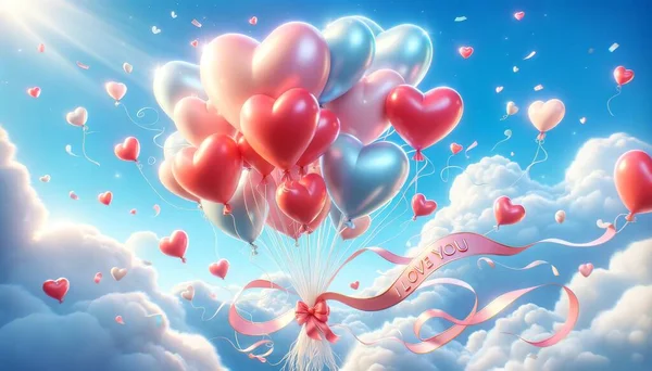 Valentinstag Karte Lebendige Herzballons Rosatönen Rot Und Blau Schweben Einem Stockbild