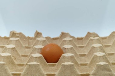 Kahverengi tavuk yumurtaları geri dönüşümlü bir karton kutuya yerleştirilir. Bazılarının organik, taze çiftlik kalitesini vurgulayan küçük toz ve tüyleri var. Yemek ve besleyici yemekler için mükemmel.