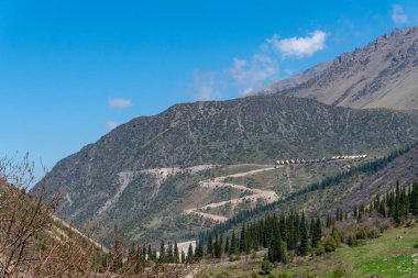 Ala-Archa Parkı, dağ ana kampı dik yamaçlara kurulmuş, zigzag patikası yükselen, aşağıdaki yoğun çam ormanı, kayalık arazi, açık gökyüzü, macera hedefi, yürüyüş, dağcılık, keşifler.
