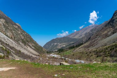 Ala-Archa Park Dağı 'nda dik yamaçlar, kayalık arazi. Akan nehir, dolambaçlı yol. Bereketli bitki örtüsü, uzak tepeler. Gezinti, yürüyüş, dağcılık. Macera seyahati, keşif