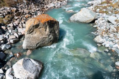 Ala-Archa Parkı, engebeli taşlar ve yosun kaplı kayalarla çevrili hızlı akan buzul nehri. Seyahat, dağcılık, taşra keşfi ve açık hava macera aktiviteleri.