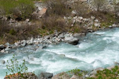 Ala-Archa Parkı, temiz dağ suyu akıntısı taşların üzerinden akıyor. Vahşi çalılıklar ve kayalık arazi, el değmemiş alp ortamını temsil ediyor. Açık hava keşfi ve yürüyüş için ideal..