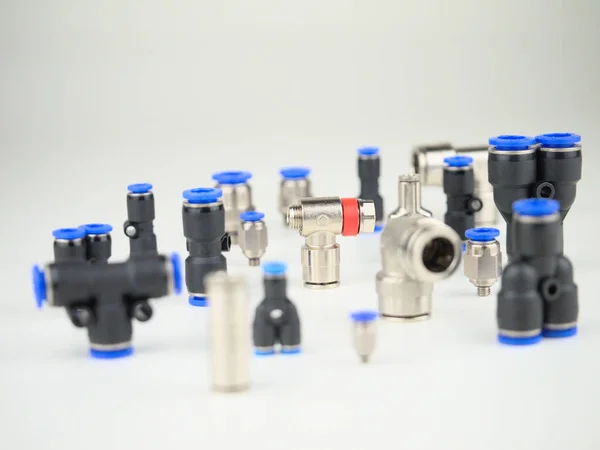 Mixed Pneumatic Components Made Brass Plastic Red Blue Plastic Different — Stock Photo, Image