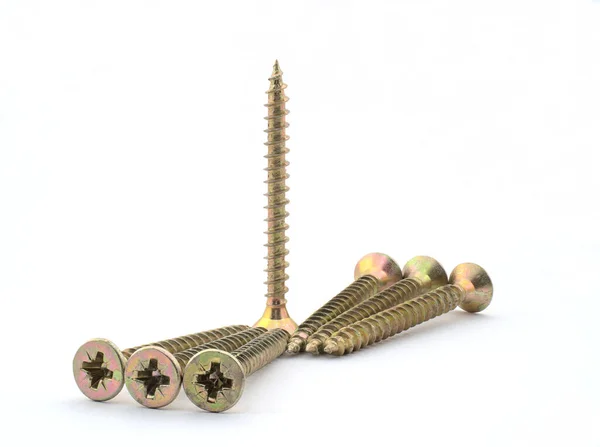 Seven Wood Screws Cross Slot White Background Copy Space — Stock Photo, Image