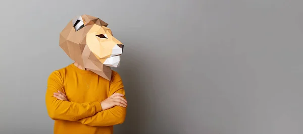 Retrato Homem Anônimo Usando Máscara Leão Camisola Laranja Isolada Sobre — Fotografia de Stock