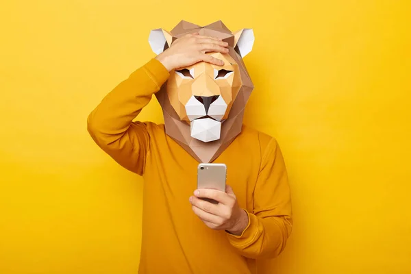 Photo Sad Upset Male Wearing Lion Mask Orange Sweatshirt Posing — Stock Photo, Image