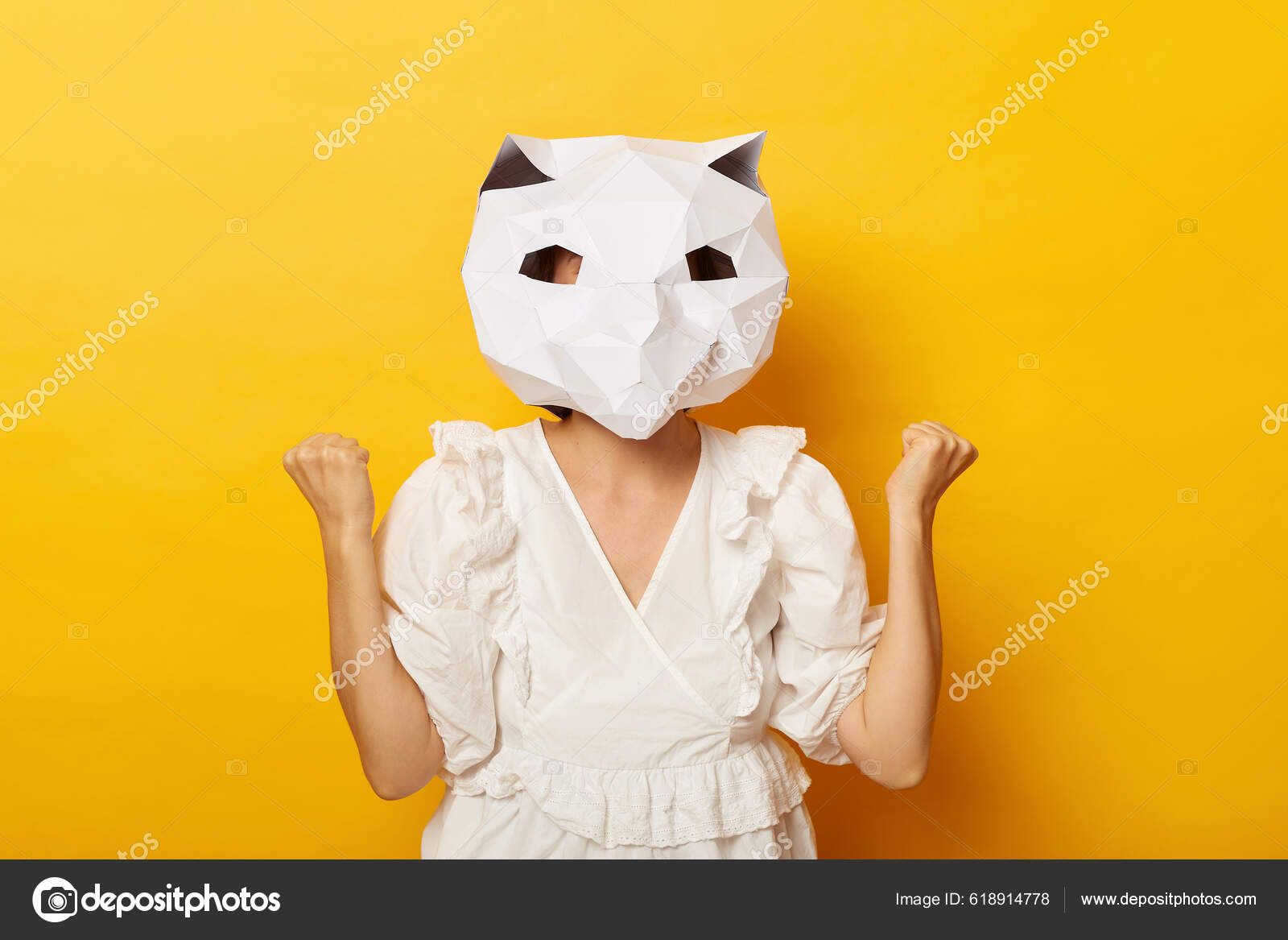 Indoor Shot Anonymous Woman Wearing Dress Paper Cat Mask Showing