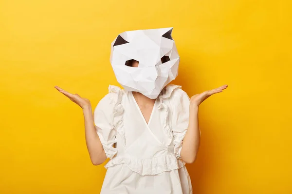 Plano Horizontal Mujer Desconocida Incierta Usando Vestido Papel Gato Máscara — Foto de Stock