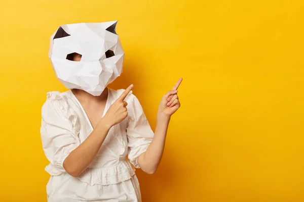 Imagen Una Mujer Desconocida Con Vestido Máscara Gato Papel Posando — Foto de Stock