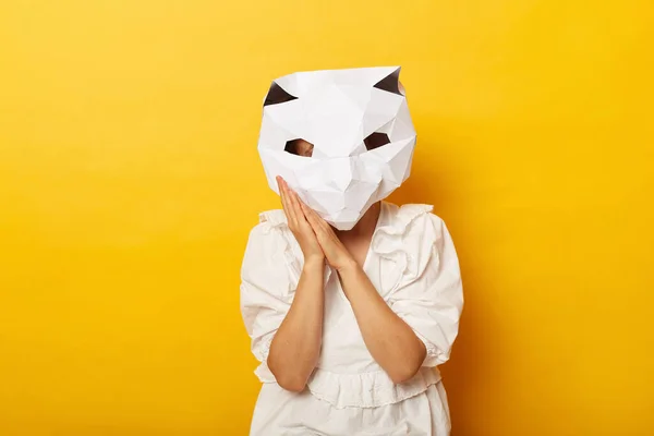 Indoor Shot Sleepy Anonymous Woman Wearing Dress Paper Cat Mask — Foto de Stock