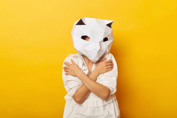 Горизонтальний Знімок Егоїстичної Анонімної Жінки Сукні Паперовій Масці Кота Обіймає — стокове фото