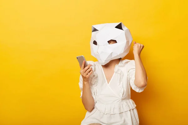 Retrato Mujer Alegre Feliz Emocionada Usando Vestido Máscara Gato Papel — Foto de Stock