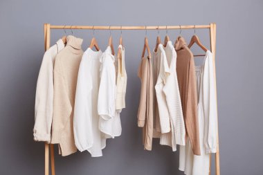 Pastel bluzlar, gömlekler, tişörtler ve süveterler raftaki gardıropta asılı, moda mağazasındaki bir modacının temel gardırobu..