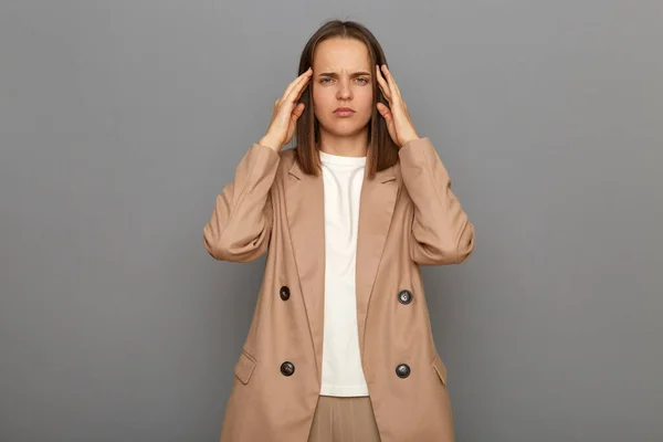Portrait Unhealthy Sick Young Adult Female Wearing Beige Jacket Standing — Stock Photo, Image