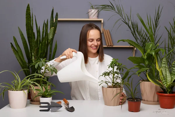 温室で白いシャツの散水植物を身に着けている魅力的な楽観的な茶色の髪の女性の庭師の水平ショット テーブルに座って 植物の世話をし 彼女の趣味を楽しんで — ストック写真