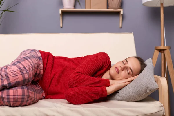 Image Calm Tired Caucasian Woman Wearing Red Sweater Checkered Pants — Stock Photo, Image