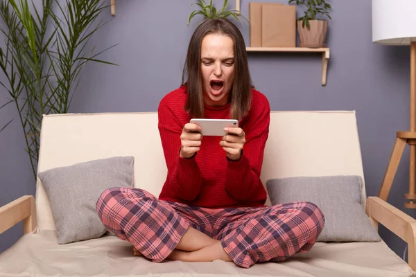 Portrait Sad Excited Brown Haired Woman Gamer Wearing Red Sweater — Stock Photo, Image