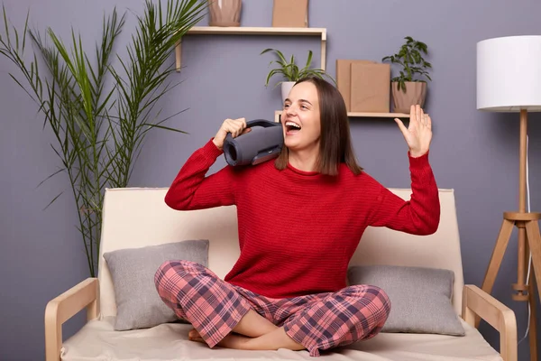 Indoor Shot Happy Festive Brown Haired Female Wearing Red Sweater — Stock Photo, Image