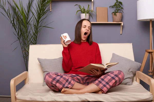 Image Tired Sleepy Young Adult Woman Wearing Red Jumper Pajama — Stock Photo, Image