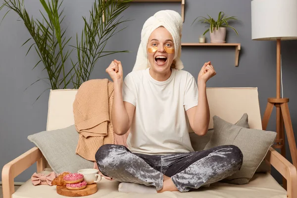 Indoor Shot Excited Extremely Happy Woman Wearing White Shirt Towel — Stock Photo, Image