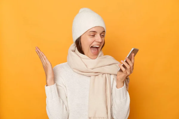 Portrait Smiling Cheerful Joyful Young Adult Woman Wearing Warm Sweater — Stock Photo, Image