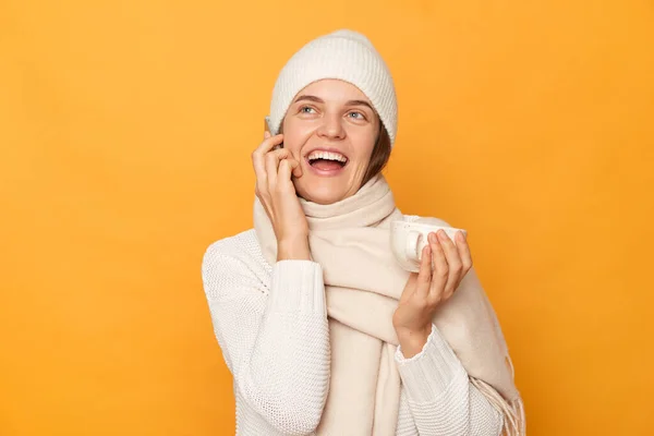 Indoor Shot Joyful Beautiful Caucasian Woman Wearing Warm Jumper Cap —  Fotos de Stock