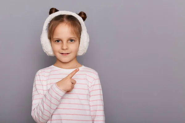 Image Pretty Charming Little Girl Wearing Striped Shirt Fur Headphones Stock Image