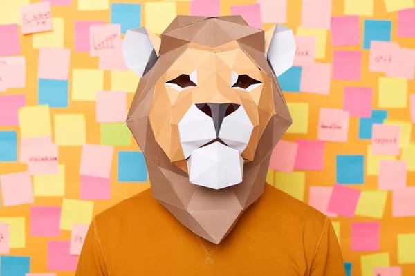 Фото Анонимного Человека Аутентичной Одежде Креативной Маске Льва Стоящего Перед — стоковое фото