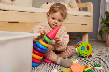 Çocuk piramit oyuncağı oynuyor. Mutlu aile çocuk yuvası kavramı. Çocuk, anaokulundaki bir masada oyuncak yüzük piramidi topluyor. Çocuk yaşam tarzında iyi motor becerilerin geliştirilmesi