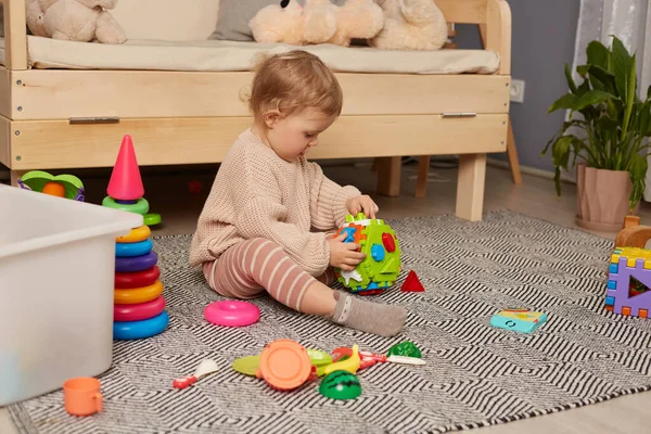 Evdeki halının üzerinde renkli eğitici oyuncaklarla oynayan sevimli küçük bir kız. Küçük çocuklar için eğitici oyuncaklar. Erken çocukluk gelişimi. Çocuklar için ev etkinliği