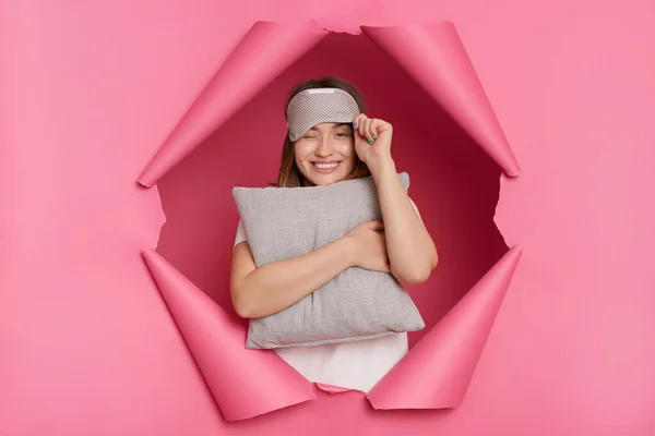 Horizontal Shot Happy Positive Young Woman Wearing Sleeping Mask Breaking — Zdjęcie stockowe