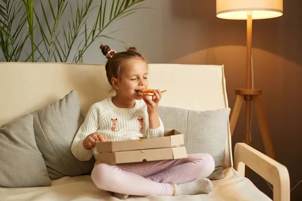 Indoor Shot Cute Funny Child Biting Big Slice Pizza Sitting — Stock Fotó