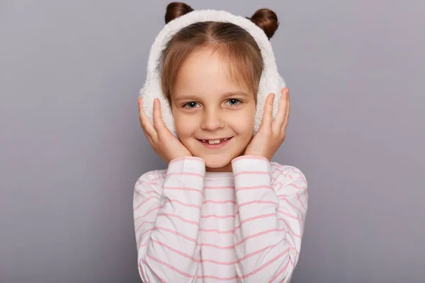 Indoor Shot Smiling Charming Cute Little Girl Wearing Fur Earmuffs — Stock Fotó