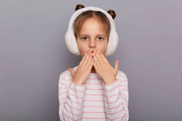 Portrait Shocked Scared Little Girl Wearing Fur Earmuffs Striped Shirt — Stock Fotó