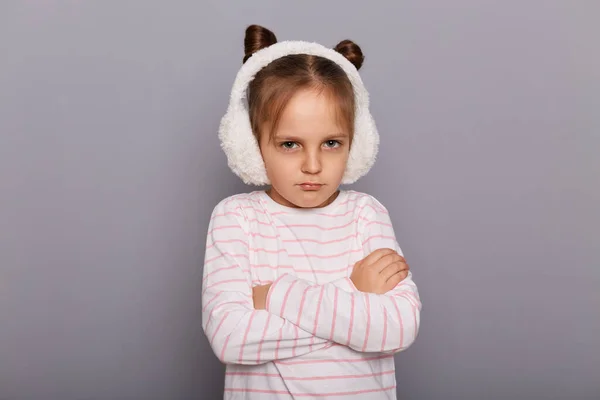 Image Little Girl Wearing Fur Earmuffs Striped Shirt Standing Isolated — Stock Fotó