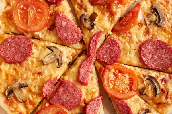 Top View Closeup Pizza Slice Onions Sausage Cherry Tomatoes Thin — Stok Foto