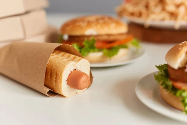 Closeup photo of sandwich, pasta in plate, sausage in dough, fast food dinner, delicious junk dish on table, background image.