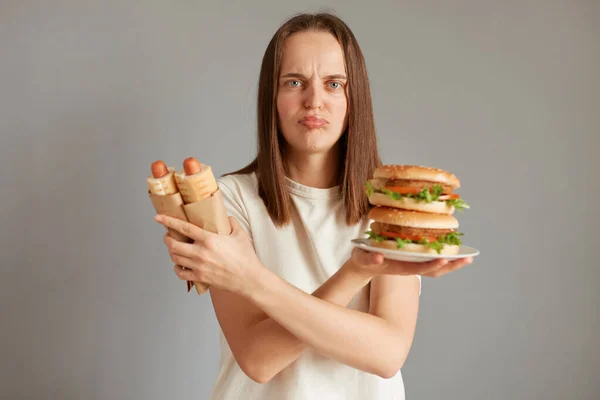 Portrait Frustrated Woman Holding Hot Dog Big Sandwich Wearing White — Stock Photo, Image