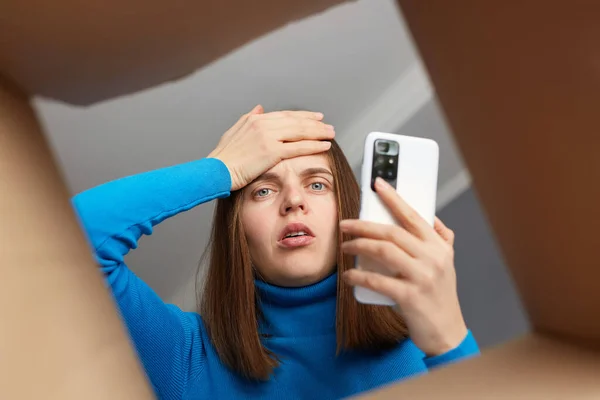 Shocked Disappointed Young Adult Woman Customer Wearing Blue Turtleneck Opening — Stock Photo, Image