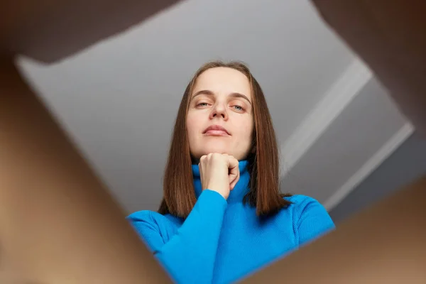 Pensive Calm Beautiful Woman Brown Hair Wearing Blue Turtleneck Opening — Stock Photo, Image