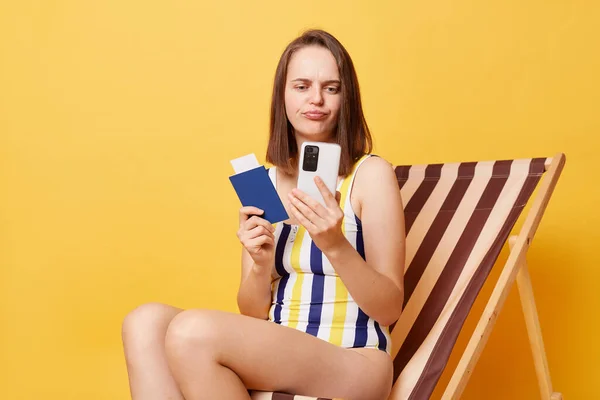 Portrait Upset Disappointed Woman Wearing Striped One Piece Swimsuit Sitting — Stock Photo, Image
