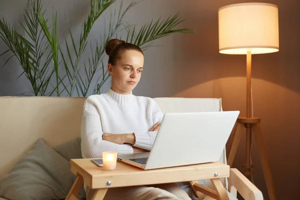 Bored Sad Woman Bun Hairstyle White Sweater Looking Laptop Screen — Stock Photo, Image