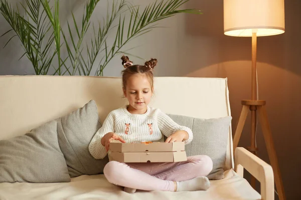Funny Charming Little Girl Two Buns Opens Pizza Box Having — Stock Photo, Image