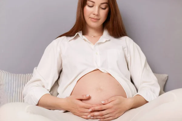 Pregnancy Motherhood People Expectation Calm Pretty Pregnant Brown Haired Caucasian — Stock Photo, Image