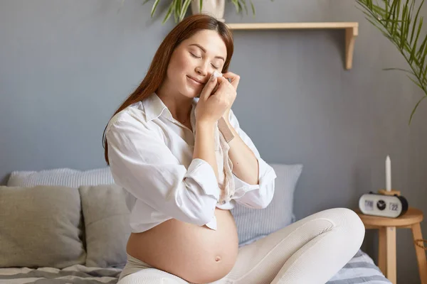 Delighted Happy Satisfied Gentle Pregnant Woman Bare Belly Wearing White — Stock Photo, Image