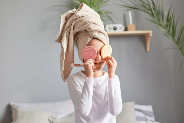 Children Beauty Funny Little Girl Towel Head Shower Sitting Bedroom — Stock Photo, Image