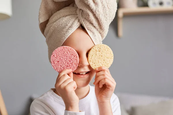 Smiling Cute Child Towel Her Head Sitting Home Interior Hiding — Stock Photo, Image