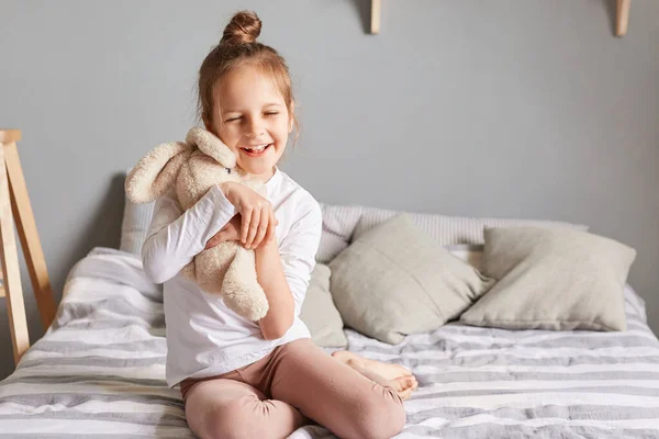 Adorable Little Girl Home Clothing Playing Fluffy Rabbit Kid Having — Stock Photo, Image